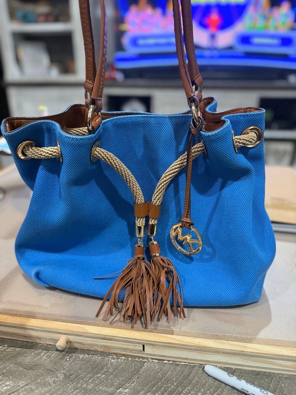 109. Michael Kors Marina Blue Canvas Drawstring Tote Bag Rope Tassel Leather